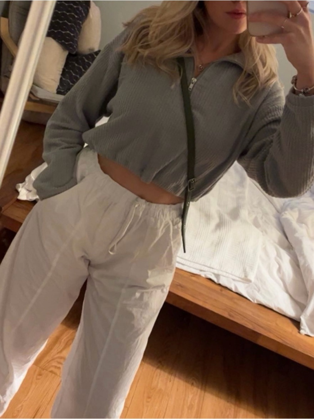 Cropped Quarter-Zip Ribbed Long-Sleeve Top in Sage